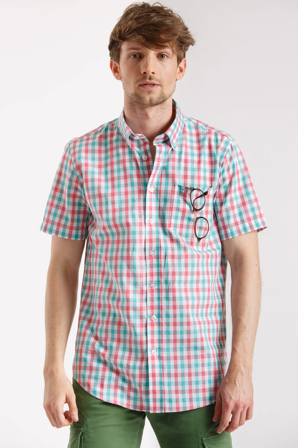 Camisa Manga Corta Cuadro Agua Y Rosas