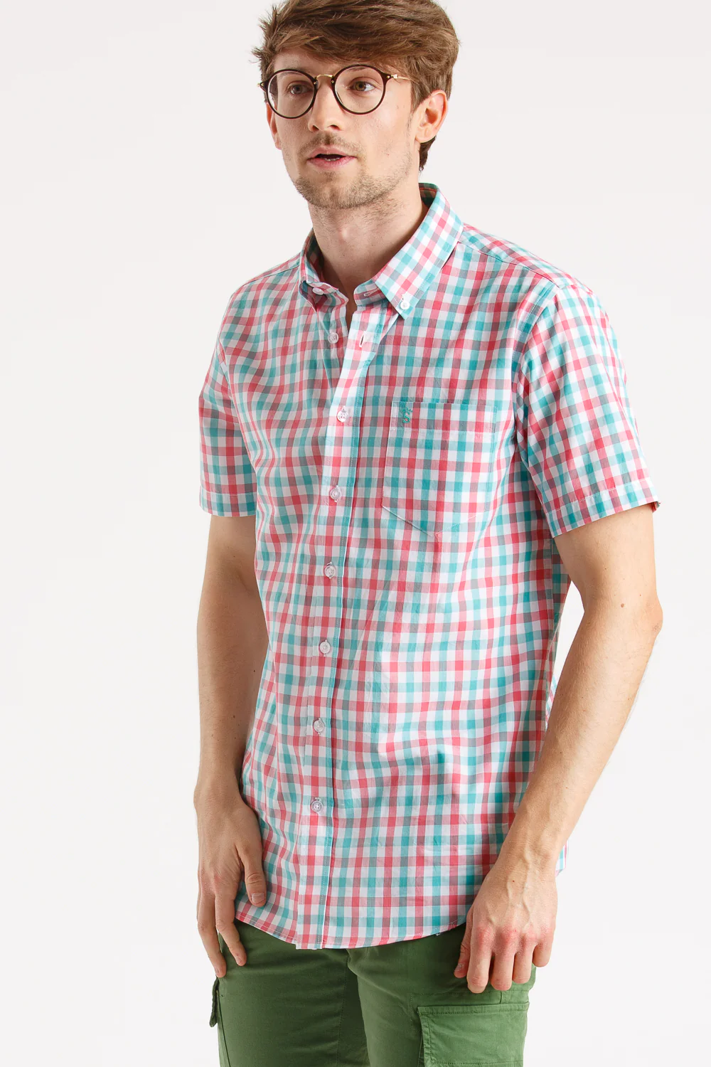 Camisa Manga Corta Cuadro Agua Y Rosas - Image 12