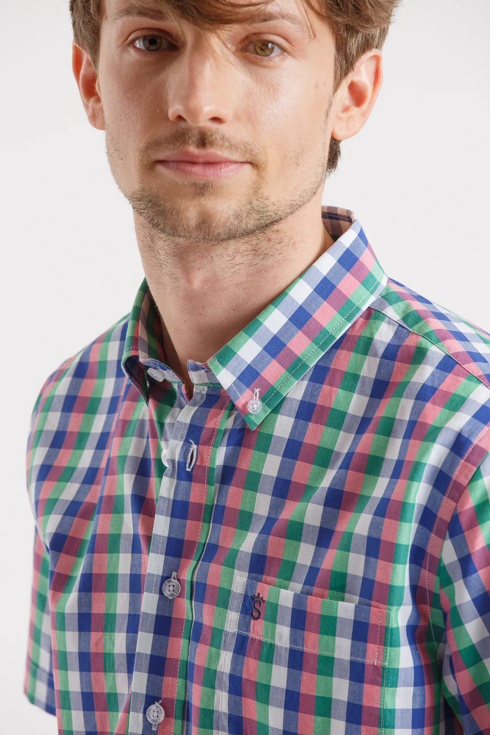 Camisa Manga Corta Cuadros Azul, Verde Y Rosa