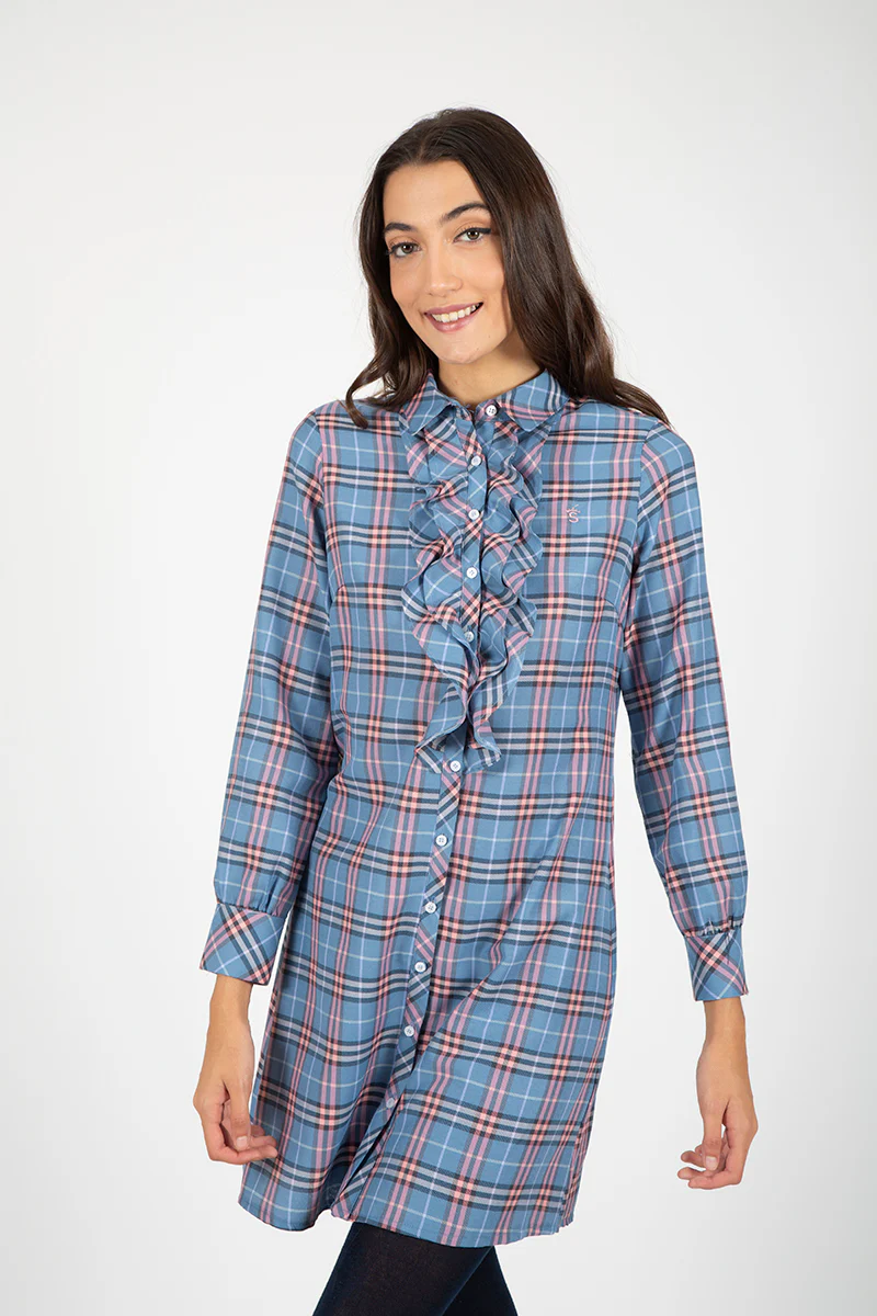 Vestido azul camisero volantes